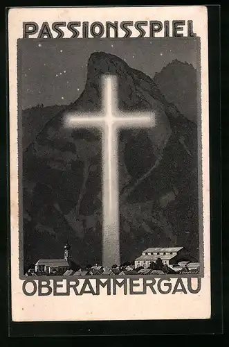 Künstler-AK Oberammergau, Panorama des Ortes mit überdimensioniertem Kreuz