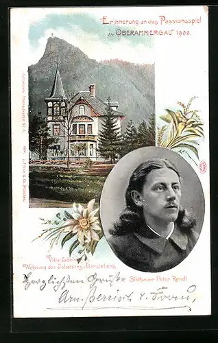Künstler-AK Oberammergau, Passionsspiel 1900 - Wohnung und Portrait des Johannes-Darstellers Peter Rendl