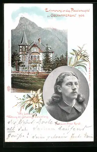 Künstler-AK Oberammergau, Villa Edelweiss und Portrait des Johannes-Darstellers Peter Rendl