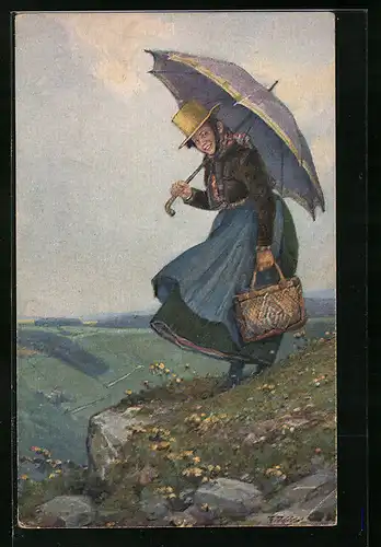 Künstler-AK Fritz Reiss: Schwarzwälderin mit Regenschirm an einer Klippe