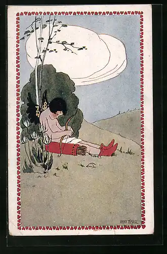 Künstler-AK Anny Tekauz: Schlafender Amor in einer kargen Landschaft