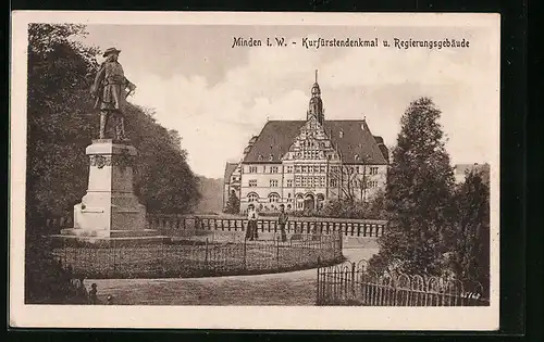 AK Minden i. W., Kurfürstendenkmal und Regierungsgebäude