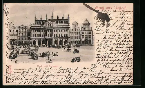 AK Rostock, Markt mit Geschäft, Rathaus und Brunnen