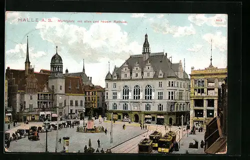 AK Halle a. S., Marktplatz mit altem und neuem Rathaus