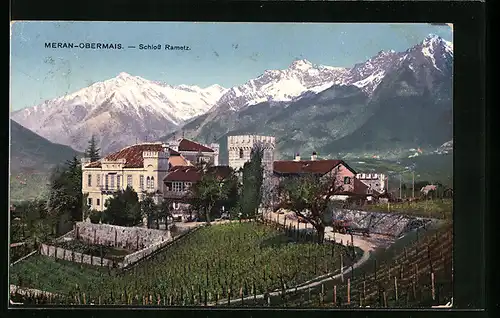 AK Meran-Obermais, Schloss Rametz mit Bergpanorama