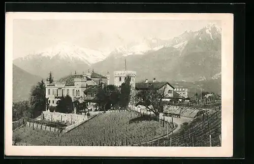 AK Meran-Obermais, Schloss Rametz mit Bergpanorama