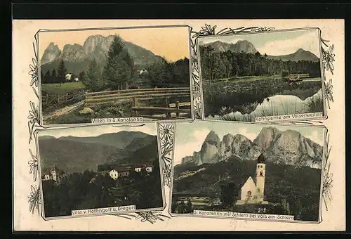 AK S. Konstantin, Villa Hoffingott u. Gregori, Kahnpartie am Völserweiher, Ortsansicht mit Schlern