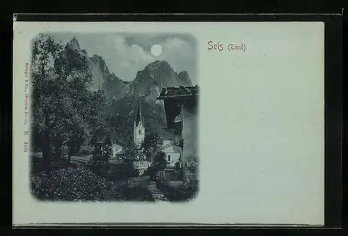 Mondschein-AK Seis, Ortsansicht mit Kirche