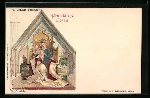 Lithographie Bozen, Pfarrkirche mit Tiroler Fresken