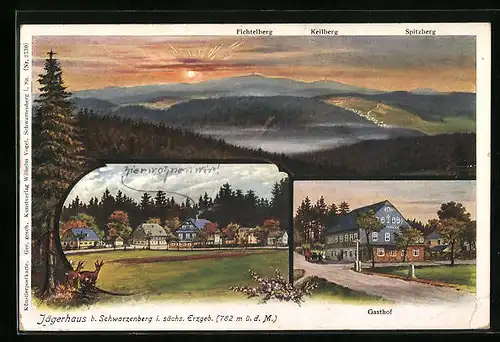 Künstler-AK Jägerhaus bei Schwarzenberg /Sa., Ortspanorama, Gasthof, Ortsansicht mit Erzgebirgsidylle