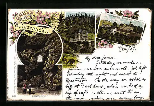 Lithographie Hartenstein /Sa., Schloss Hartenstein, Prinzenhöhle, Forsthaus