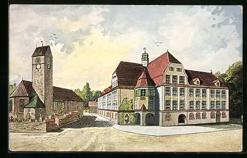 Künstler-AK Lindenberg /Allg., Neues Schulhaus und Kirche