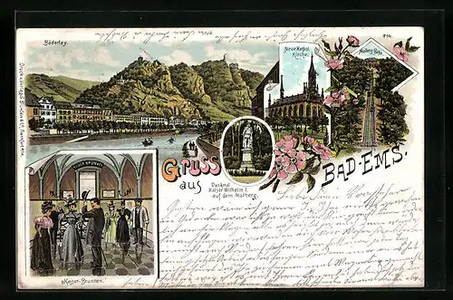 Lithographie Bad Ems, Neue Kath. Kirche, Kaiser-Brunnen, Bäderley