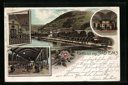 Lithographie Bad Ems, Kurgarten, Kesselbrunnen, Wandelbahn