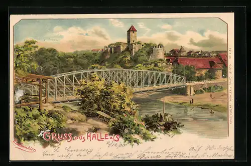 Künstler-AK Erwin Spindler: Halle, Teilansicht mit Saalebrücke