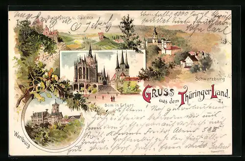 Lithographie Erfurt, Erfurter Dom, Wartburg, Ortsansicht Schwarzburg