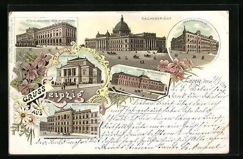 Lithographie Leipzig, Reichsgericht, Gewerbeschule, Concerthaus