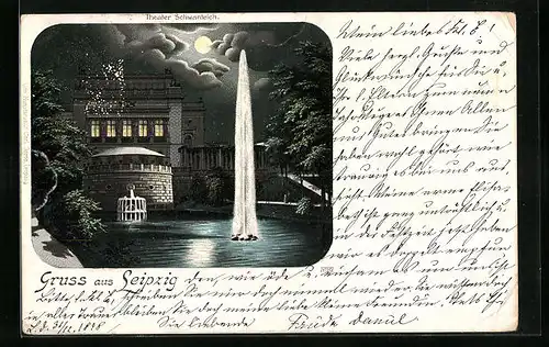 Mondschein-AK Leipzig, Theater Schwanteich mit Springbrunnen