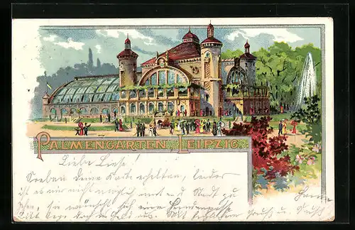 Lithographie Leipzig, Palmengarten mit Gebäude und Springbrunnen