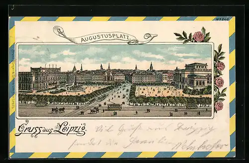 Lithographie Leipzig, Augustusplatz mit Strassenbahn aus der Vogelschau