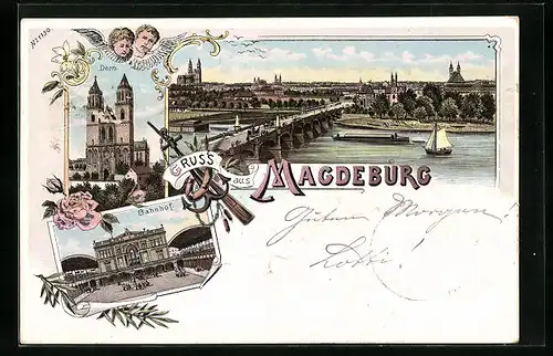 Lithographie Magdeburg, Dom, Teilansicht, Bahnhof