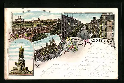 Lithographie Magdeburg, Kaiserstrasse aus der Vogelschau, Alter Markt, Bismarck-Denkmal