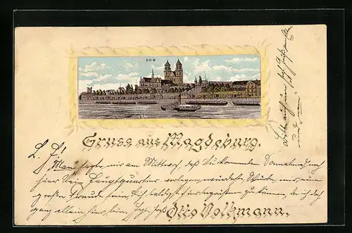 Lithographie Magdeburg, Teilansicht mit Dom