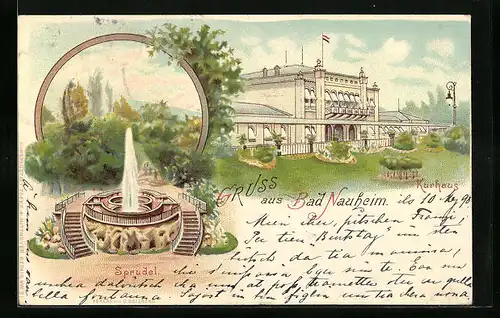 Lithographie Bad Nauheim, Kurhaus, Sprudel