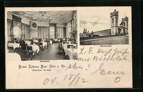 AK Köln a. Rh., Hotel Kölner Hof, Innenansicht Speisesaal, Rheinbrücke