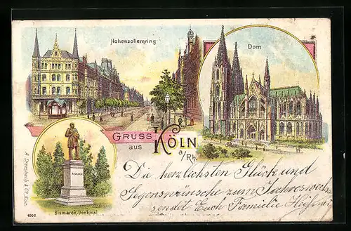 Lithographie Köln a. Rh., Hohenzollernring, Bismarck-Denkmal