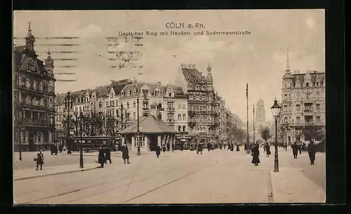 AK Köln-Neustadt, Deutscher Ring mit Neusser-und Sudermannstrasse mit Geschäften u. Apotheke, Strassenbahn