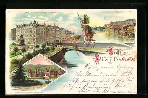 Lithographie Elberfeld, Neue Fuhrstrasse mit proj. Schwebebahn, Alte Fuhr vor 1890, Burg Elberfeldt im 16. Jhd.