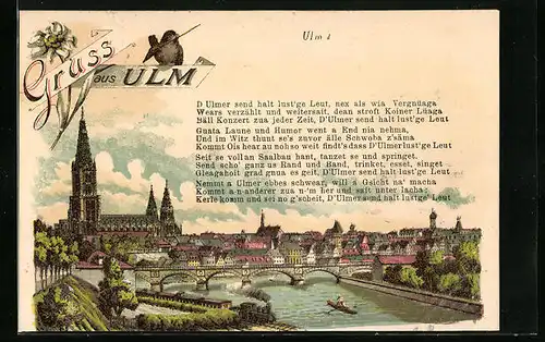 Lithographie Ulm, Teilansicht mit Brücke und Spatz