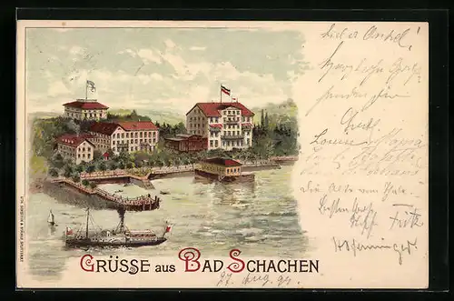 Lithographie Bad Schachen, Uferpartie mit Hotel und Dampfer