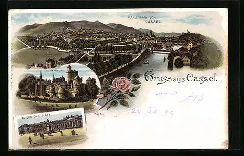 Lithographie Kassel, Panorama, Löwenburg, Friedrichsplatz