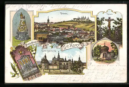 Lithographie Pribram, Zázraona soska, Kalvarie, Kostel Svatohorsky, Studánska