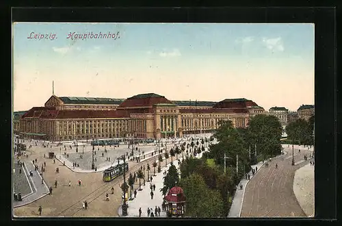 AK Leipzig, Hauptbahnhof mit Strassenbahn