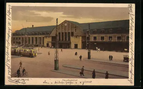 AK Karlsruhe, Hauptbahnhof mit Tram