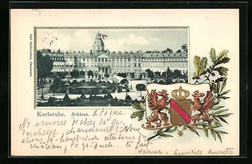 Passepartout-Lithographie Karlsruhe, Blick auf das Schloss, Wappen mit Greifen