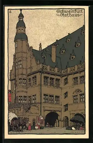 Steindruck-AK Schweinfurt, Blick zum Rathaus
