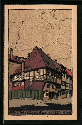 Steindruck-AK Alt-Kiel, Früheres Eckhaus in der Faul- und Klüterstrasse