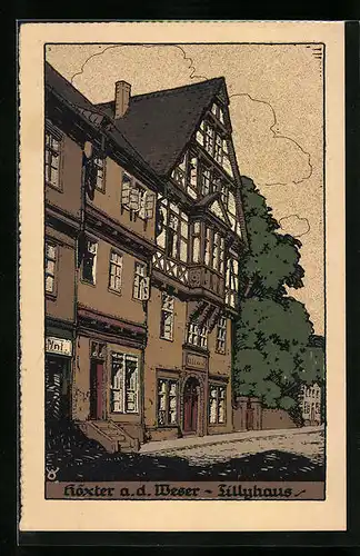 Steindruck-AK Höxter a. d. Weser, Tillyhaus von der Strasse gesehen
