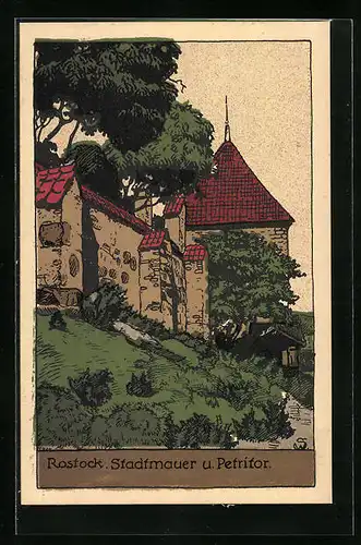 Steindruck-AK Rostock, Stadtmauer und Petritor