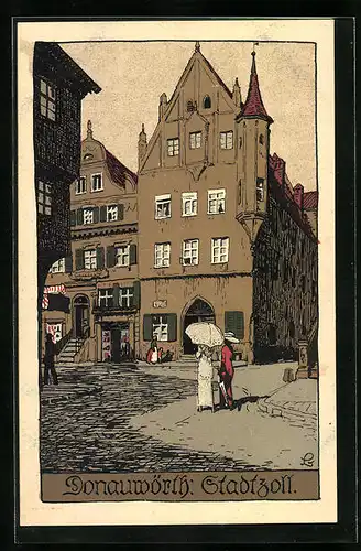 Steindruck-AK Donauwörth, Strassenpartie am Stadtzoll