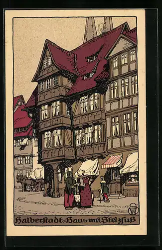 Steindruck-AK Halberstadt, Haus mit Stelzfuss