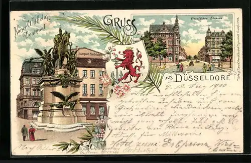 Lithographie Düsseldorf, Kaiser Wilhelm Denkmal, Elberfelder Strasse