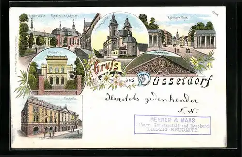 Lithographie Düsseldorf, Tonhalle, Jesuitenkirche, Malkasten