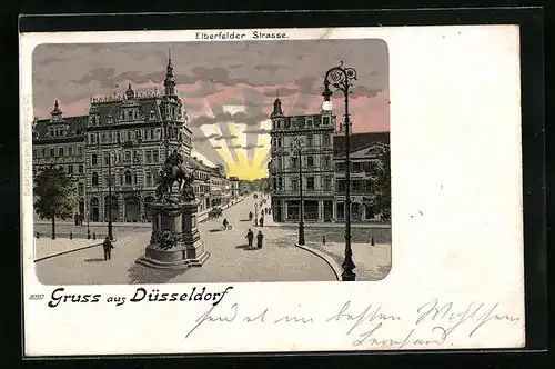 Lithographie Düsseldorf, Elberfelder Strasse mit Denkmal