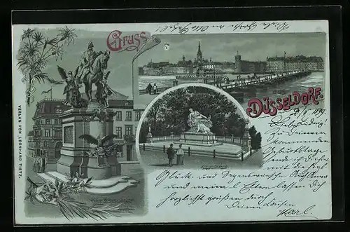 Mondschein-Lithographie Düsseldorf, Uferpartie, Kaiser Wilhelm Denkmal, Krieger-Denkmal