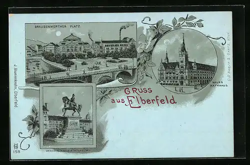 Mondschein-Lithographie Elberfeld, Neues Rathaus, Denkmal Kaiser Wilhelm I., Brausenwerther Platz